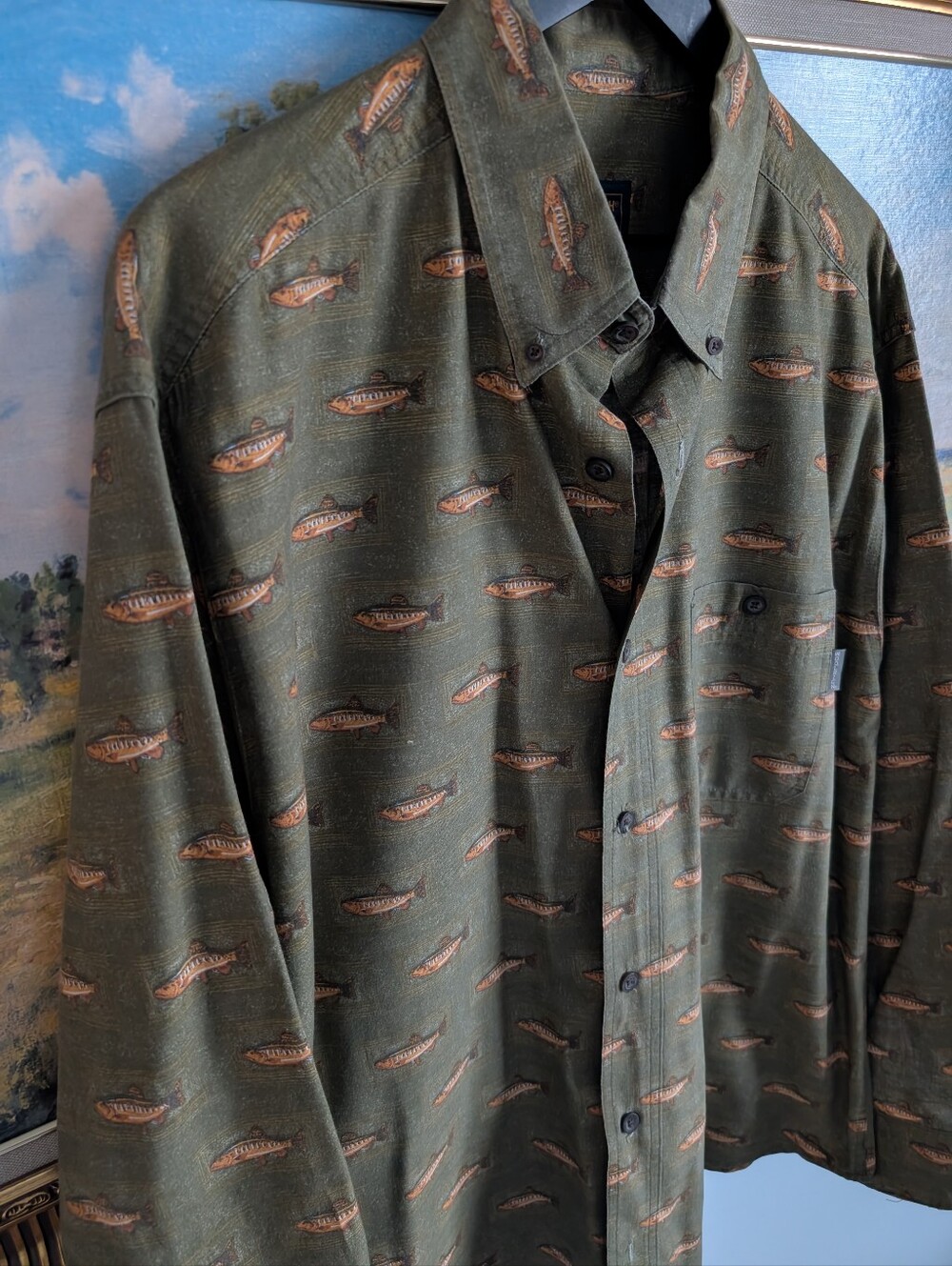 Woolrich Olive Green Fish-Print Button-Down Shirt